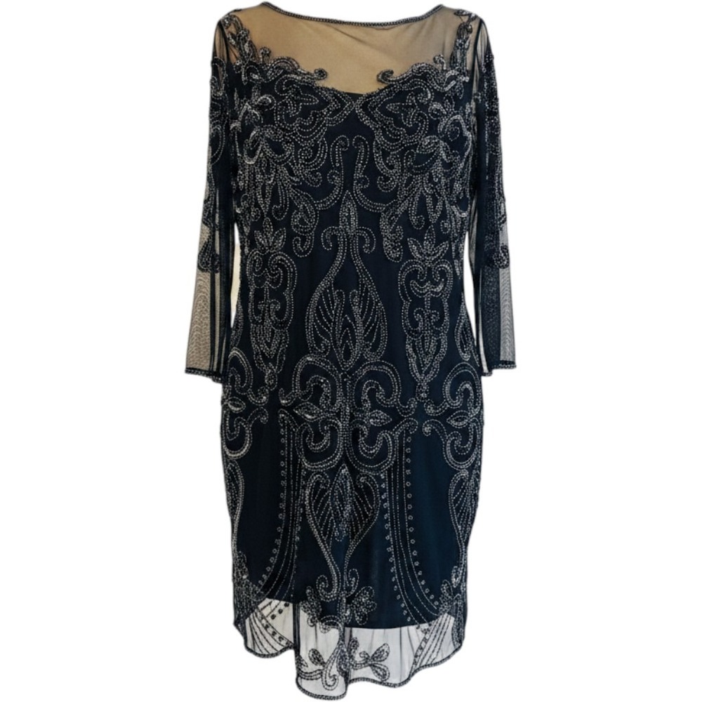 Prelude Black Beaded Long Sleeve Evening Dress Womens 14 Mesh Overlay Cocktail